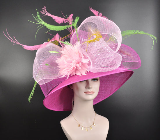 Hot Pink W Pink Fuschia Green Yellow Feather Flowers  Kentucky Derby Hat Tea Party Carriage Party  Royal AscotWide Brim  Sinamay Hat