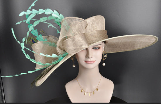 22089 Taupe Turquoise Royal Ascot Horse Race Oaks day hat Carriage Tea Party Wedding Kentucky Derby Hat Party Hat Wide Brim  Wide Brim Hat