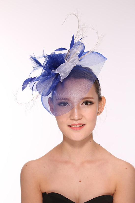Kentucky Derby Wedding Feather Floral Organza Headband Fascinator Hat Cocktail Royal Blue With White