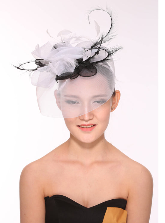 Kentucky Derby Wedding Feather Floral Organza Headband Fascinator  Hat Cocktail White with Black