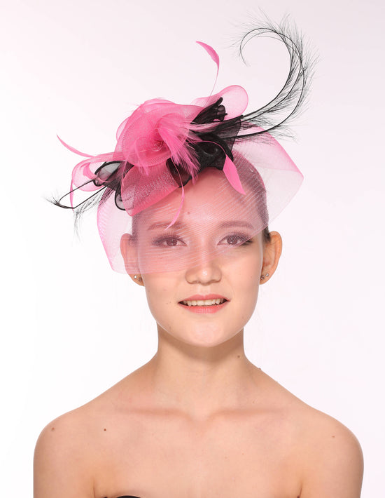 Kentucky Derby Wedding Feather Floral Organza Headband Fascinator  Hat Cocktail Hot Pink with Black