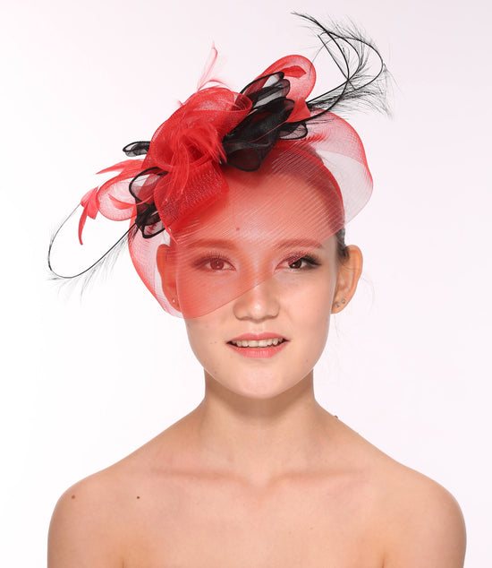 Kentucky Derby Wedding Feather Floral Organza Headband Fascinator  Hat Cocktail Red with Black