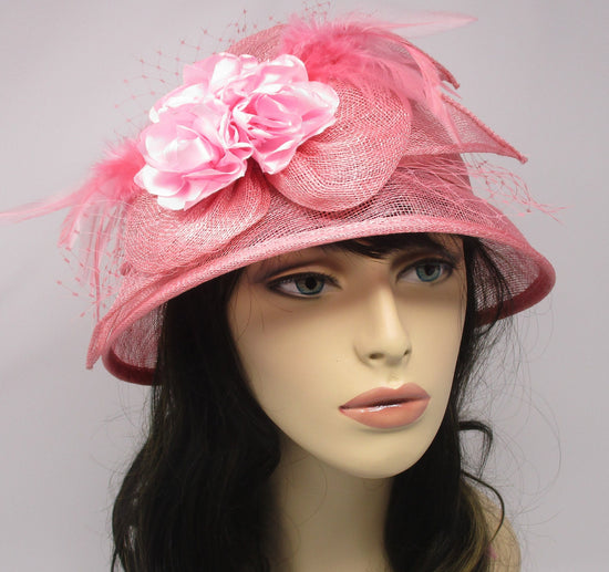 Fancy Small Brim Sinamay Hat Kentucky Derby Hat with Flowers Millinery Church Hat Pink