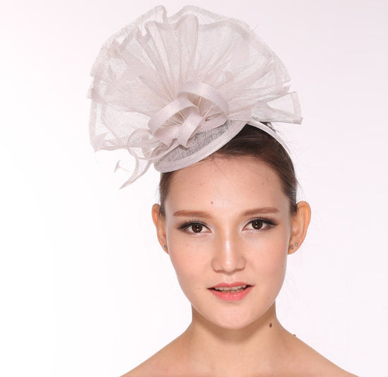 Kentucky Derby Feather Floral Sinamay Headband Fascinator Hat Cocktail  White