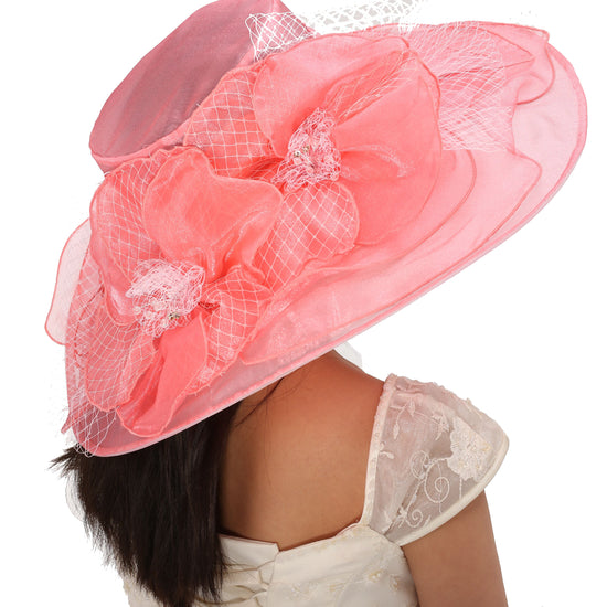 7" Wide Brim  Two Flowers with Rhinestones Coral  Pink  for Church, Wedding, Tea Party, Kentucky Derby HatWide Brim Organza Hat