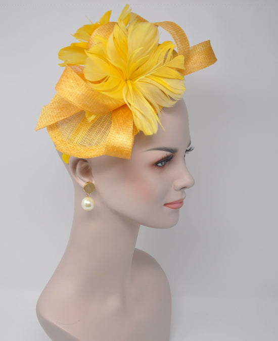Kentucky Derby Hat Feather Floral Sinamay Headband Fascinator Cocktail Yellow