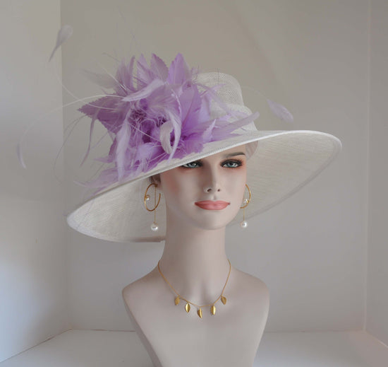 Church Kentucky Derby HatCarriage Tea Party Wedding Wide Brim  Royal Ascot Hat in Solid Sinamay Hat White with Lavender