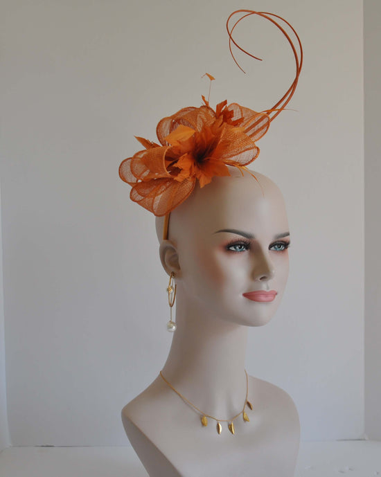 Kentucky Derby Feather Floral Sinamay Headband Fascinator Cocktail Orange