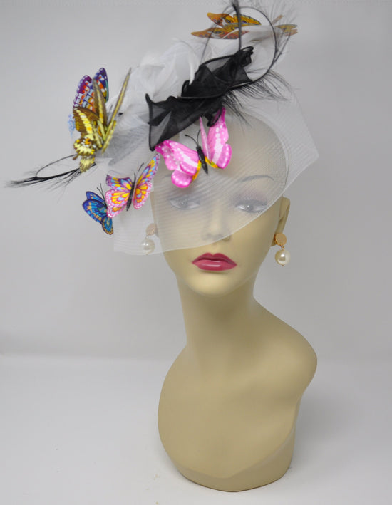 Kentucky Derby Wedding Feather w Butterflies  Floral Organza w Sinamay Headband Fascinator Hat Cocktail White W Black