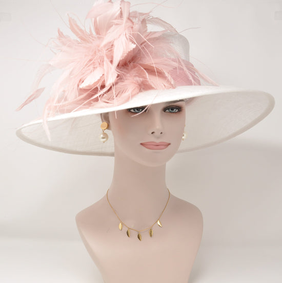 Wide Brim Sinamay Hat, Kentucky Derby Hat, Church hat, Tea Party Hat, Custom hat, Formal Hat, Fashion Hat, White W Blush/ Dusty Pink