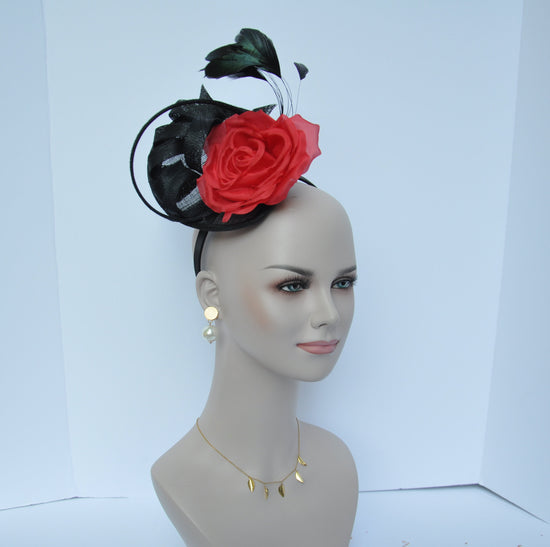 Red Silk Flower with black  Sinamay Fascinator Hat bridal hat, royal ascot hat, kentucky derby hat, races hat