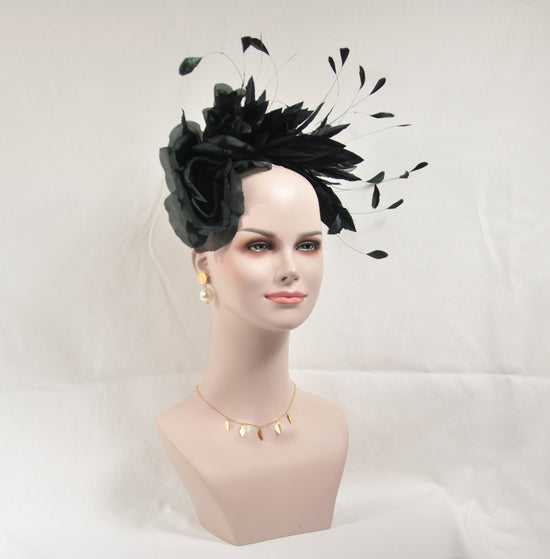 Black Silk Flower with Goose and Rooster Feather Flowers Fascinator Hat  Made On A Same Color Headband
