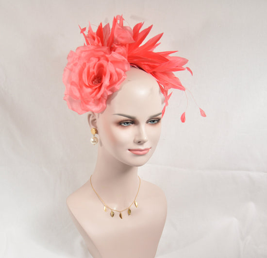 Coral Pink  Silk Flower with Goose and Rooster Feather Flowers Fascinator Hat  Made On A Same Color Headband