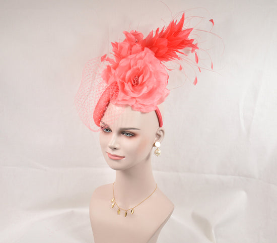 Coral Pink  Sinamay w Jumbo Silk Flower Goose and Rooster Feather Flowers Fascinator Hat  Made On A Same Color Headband