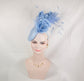 Powder Blue Sinamay w Jumbo Silk Flower Goose and Rooster Feather Flowers Fascinator Hat  Made On A Same Color Headband