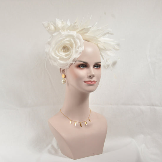 Ivory Silk Flower with Goose and Rooster Feather Flowers Fascinator Hat  Made On A Same Color Headband