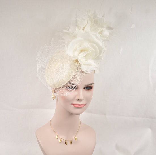 Ivory  Sinamay w Jumbo Silk Flower Goose and Rooster Feather Flowers Fascinator Hat  Made On A Same Color Headband