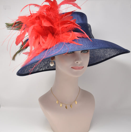 Navy Blue with Red Feather Flowers  And Peacock Kentucky Derby,Tea Party Carriage Party  Royal AscotWide Brim  Sinamay Hat