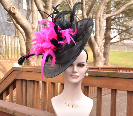 Black  Sinamay Disc Fascinator Hat with  Jumbo   Feather Flowers
