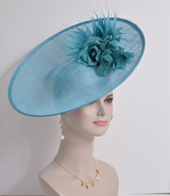 Aqua  Sinamay Disc Fascinator Hat with Same Color  Handmade Silk Flowers and Feathers