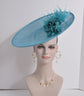 Aqua  Sinamay Disc Fascinator Hat with Same Color  Handmade Silk Flowers and Feathers