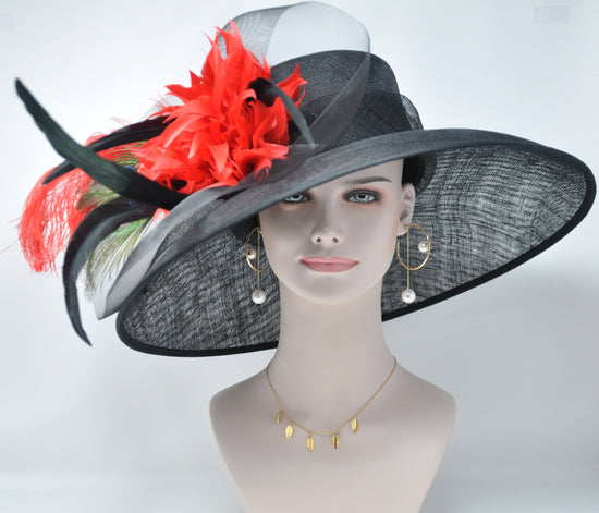 Black w Red  Feather Flowers  Peacock Feathers  Kentucky Derby,Tea Party Carriage Party  Royal AscotWide Brim  Sinamay Hat