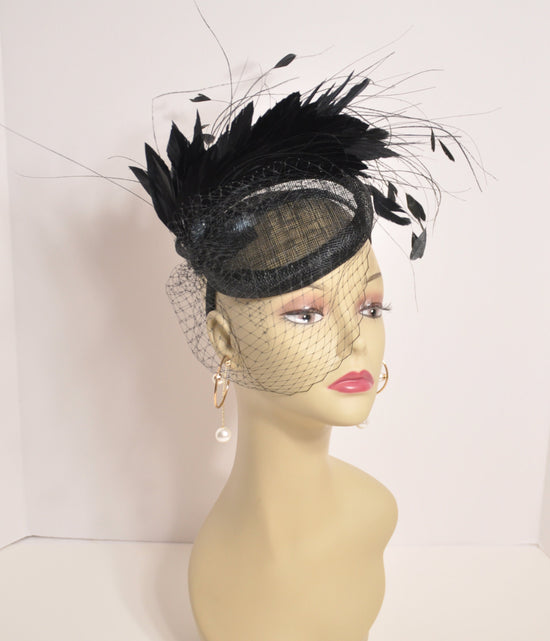 Black  Sinamay w Goose and Rooster Feather Flowers Fascinator Hat  Made On A Same Color Headband Many Colorful Feathers Available