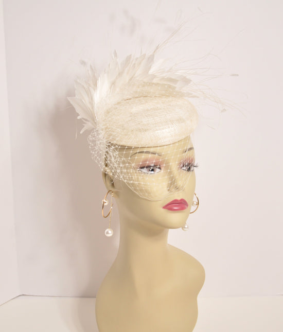 Ivory  Sinamay w Goose and Rooster Feather Flowers Fascinator Hat  Made On A Same Color Headband Many Colorful Feathers Available
