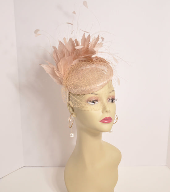 Champagne Sinamay w Goose and Rooster Feather Flowers Fascinator Hat  Made On A Same Color Headband Many Colorful Feathers Available