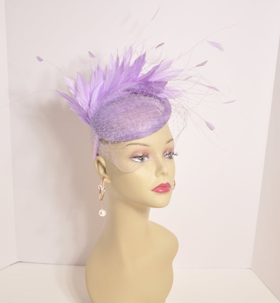 Lavender( Light Purple) Sinamay w Goose and Rooster Feather Flowers Fascinator Hat  Made On A Same Color Headband Many Colorful Feathers AVA