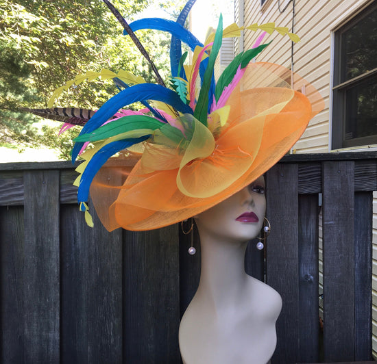 Fascinator Hat Church Kentucky Derby Hat Tea Party Wedding Easter Day Hat Royal Ascot Horse Race Oaks day hat Cocktail  Orange Yellow Blue