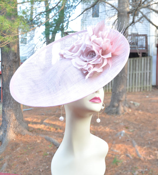 Dusty Pink Sinamay Disc Fascinator Hat with   Handmade Silk Flowers and Feathers