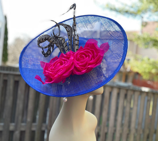 Royal Blue Sinamay Disc Fascinator Hat with   Handmade Silk Flowers and Feathers