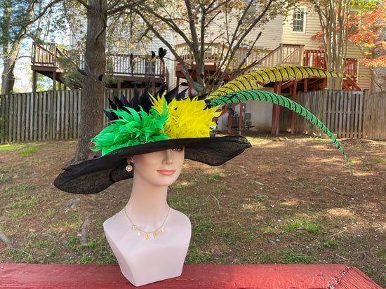 Black w Green, Yellow Feather Flowers  and Green Yellow  W Black Pheasant Feathers Kentucky Derby Hat Party Wide Brim  Sinamay Hat