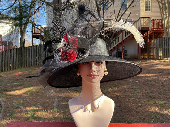 Black w Red Silk Flowers  Peacock Feathers  Kentucky Derby,Tea Party Carriage Party  Royal AscotWide Brim  Sinamay Hat