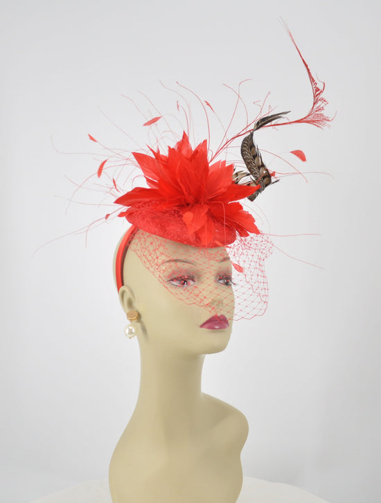 Red Sinamay Disc Fascinator Hat with  Red  Jumbo  Feather Flower,Colorful Feathers ,Jumbo Netting