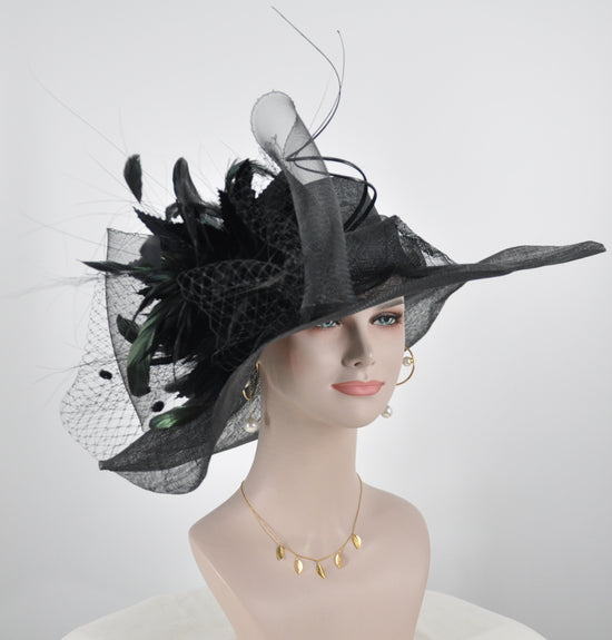 Black Kentucky Derby Hat, Church Hat, Wedding Hat Easter Hat Tea Party Hat  W Jumbo  Feather Flower Crin Netting Ribbon