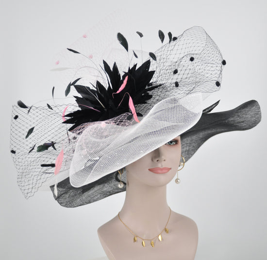 Black w White and Pink Jumbo Bow and Feather Flowers Kentucky Derby Hat,  Tea Party Hat Wide Brim  Sinamay  Hat