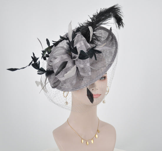 Sinamay Disc Fascinator Hat with Feathers and Netting  Gray/Silver w Black Lovely Sophisticated For derby Race Church Dress Cocktail