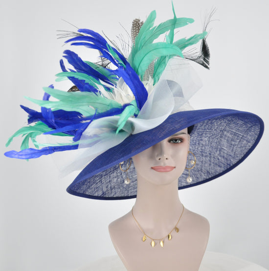 Blue W Turquoise and White  Feather Flowers Kentucky Derby Hat Tea Party Carriage Party  Royal AscotWide Brim  Sinamay Hat