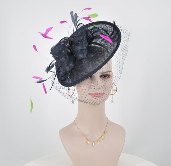 Sinamay Disc Fascinator Hat with Feathers and Netting  Navy Blue w Hot Pink Green  Lovely Sophisticated For derby Race Church Dress Cocktail