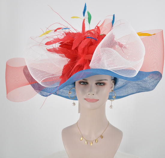 Blue w White Red  Jumbo Bow and Feather Flowers Kentucky Derby Hat,  Tea Party Hat Wide Brim  Sinamay  Hat