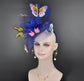 Kentucky Derby Wedding Feather w Butterflies  Floral Organza w Sinamay Headband Fascinator Hat Cocktail Royal Blue