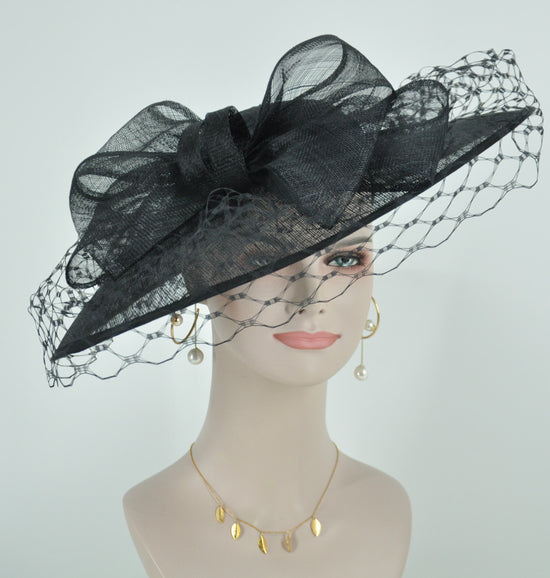 Sinamay Disc Fascinator Hat with  Jumbo Bows and netting Black