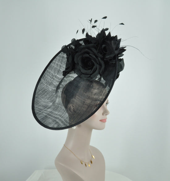 Black Sinamay Disc Fascinator Hat with  Jumbo Silk and  Feather Flowers