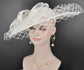 Sinamay Disc Fascinator Hat with  Jumbo Bows and netting White