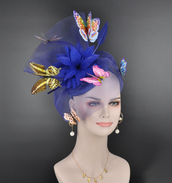 Kentucky Derby Wedding Feather w Butterflies  Floral Organza w Sinamay Headband Fascinator Hat Cocktail Royal Blue