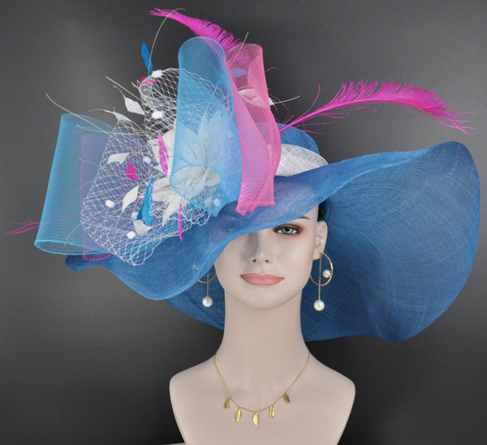 Blue White with Hot Pink  Bow and Feather Flowers Kentucky Derby Hat,  Tea Party Hat Wide Brim  Sinamay  Hat