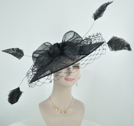 Sinamay Disc Fascinator Hat with  Jumbo Feathers and netting Black