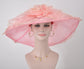 7" Wide Brim One Flower   for Church, Wedding, Tea Party, Kentucky Derby Hat Wide Brim Organza Hat Pink w Ivory